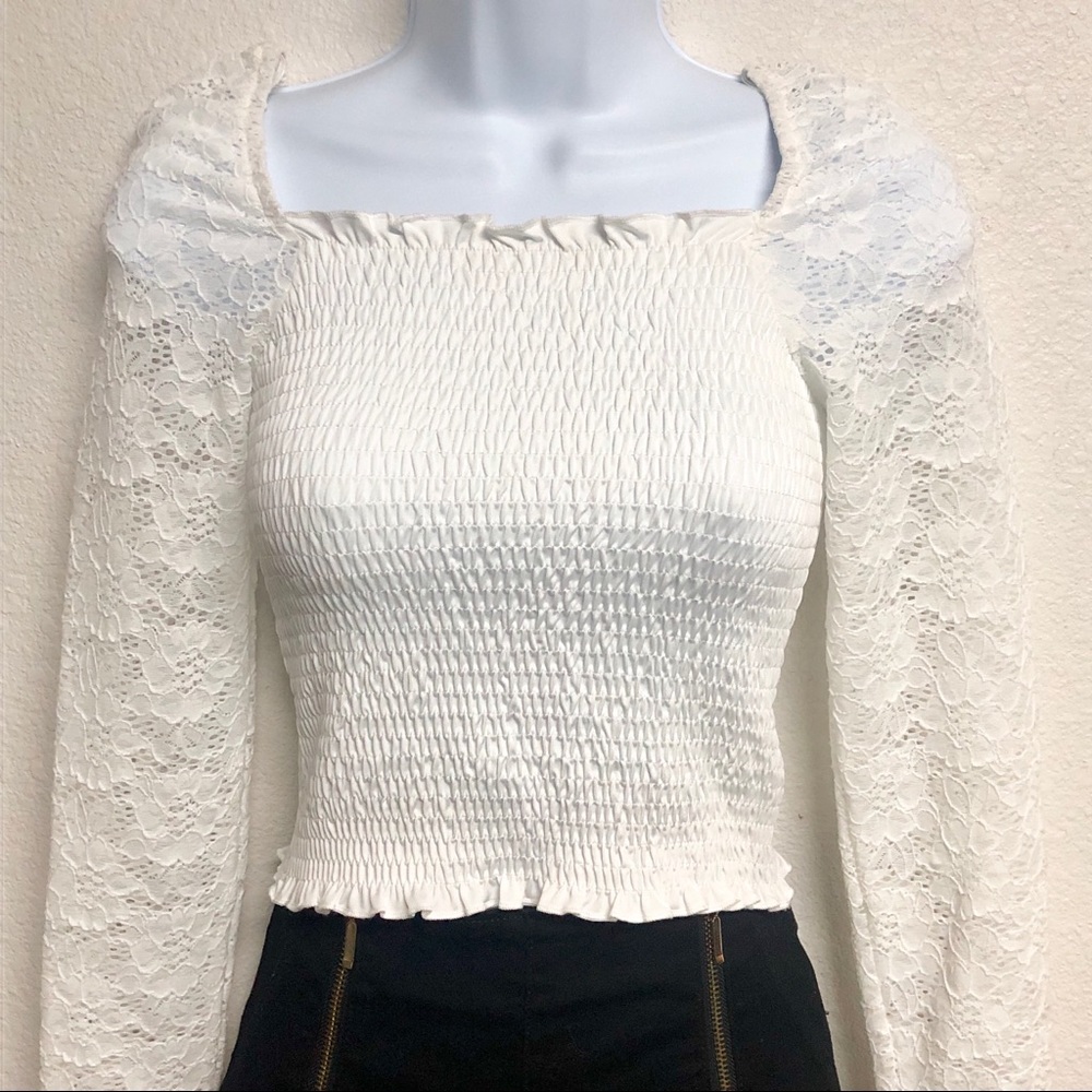 Misc Smocked & Lace Knit Sleeved Top